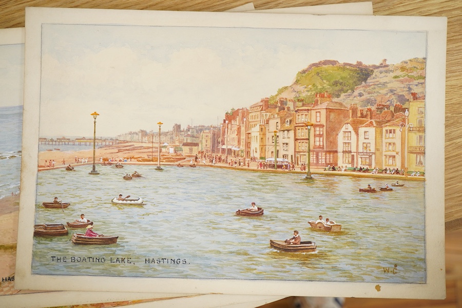 William Carruthers Affleck (1868-1943), Set of seven original watercolours for postcard designs, comprising of Hasting views, to include: ‘Sunken Gardens’, ‘Fairlight Glen’ and ‘The Pier’, 21 x 31cm